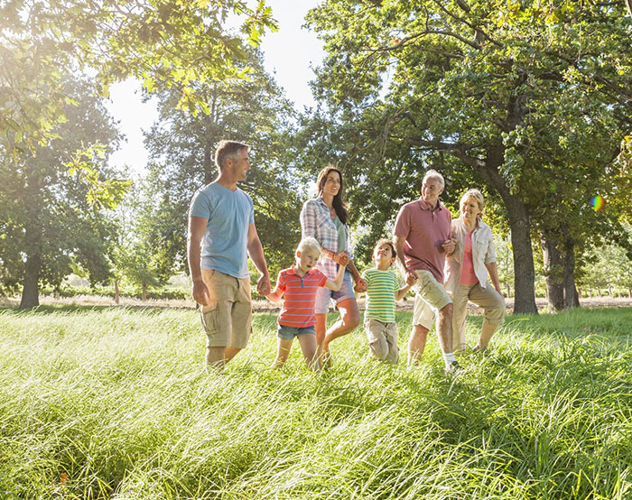 large family happily walking in nature